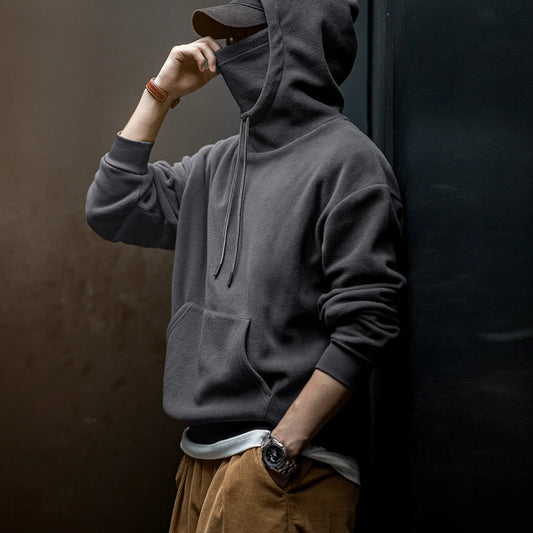Maden Casual Polar Fleece Hooded Sweatshirt Solid Color Pullover with Face Mask