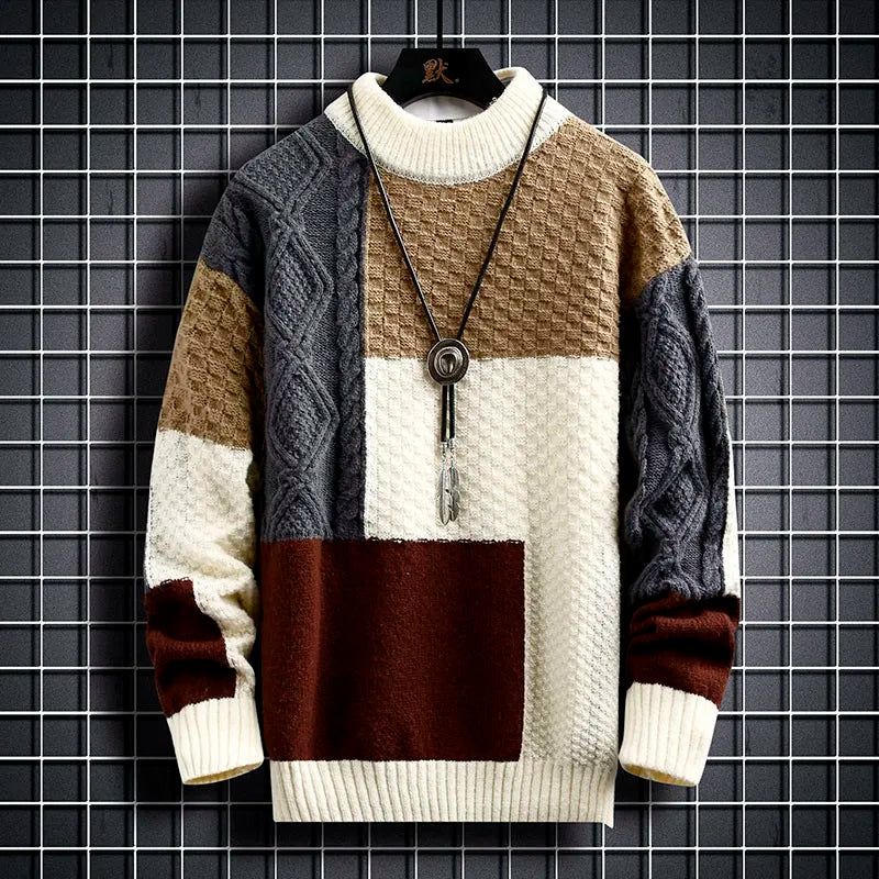 \Warm Knitted Sweaters Patchwork O Neck Knit Pullovers