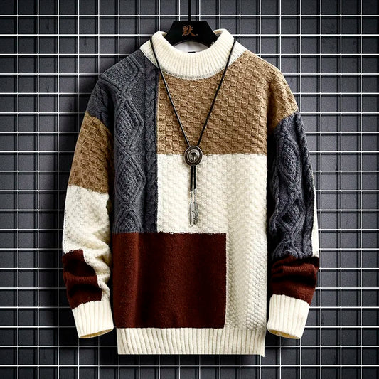 \Warm Knitted Sweaters Patchwork O Neck Knit Pullovers