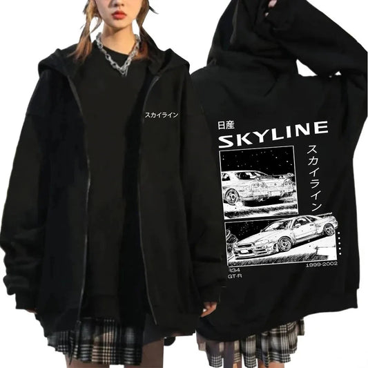 Initial D Zipper Hoodie Casual Vintage Loose