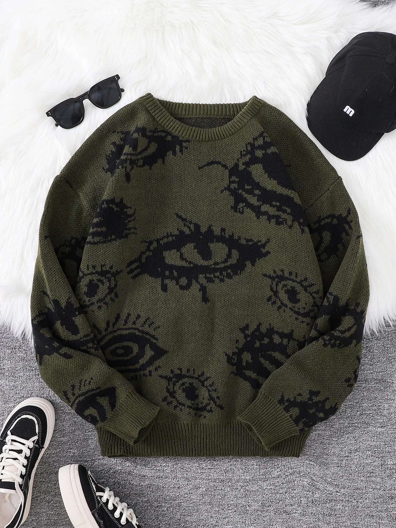 New Popular Abstract Eye Jacquard Pattern Pullover Sweater