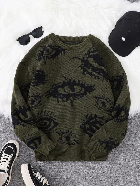 New Popular Abstract Eye Jacquard Pattern Pullover Sweater