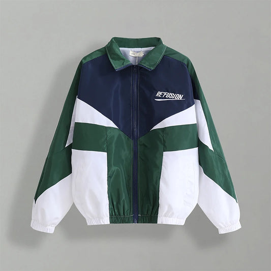 Spring Fall Varsity Jacket Patchwork Embroidery Bomber Casual Loose Zipper Coat