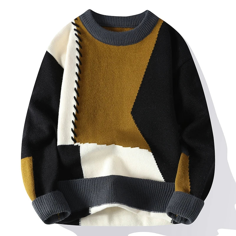 \Warm Knitted Sweaters Patchwork O Neck Knit Pullovers