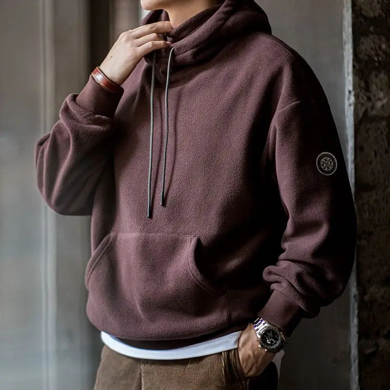 Maden Casual Polar Fleece Hooded Sweatshirt Solid Color Pullover with Face Mask