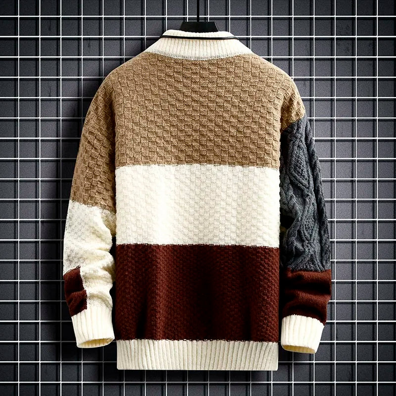 \Warm Knitted Sweaters Patchwork O Neck Knit Pullovers