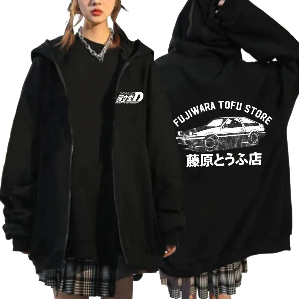 Initial D Zipper Hoodie Casual Vintage Loose
