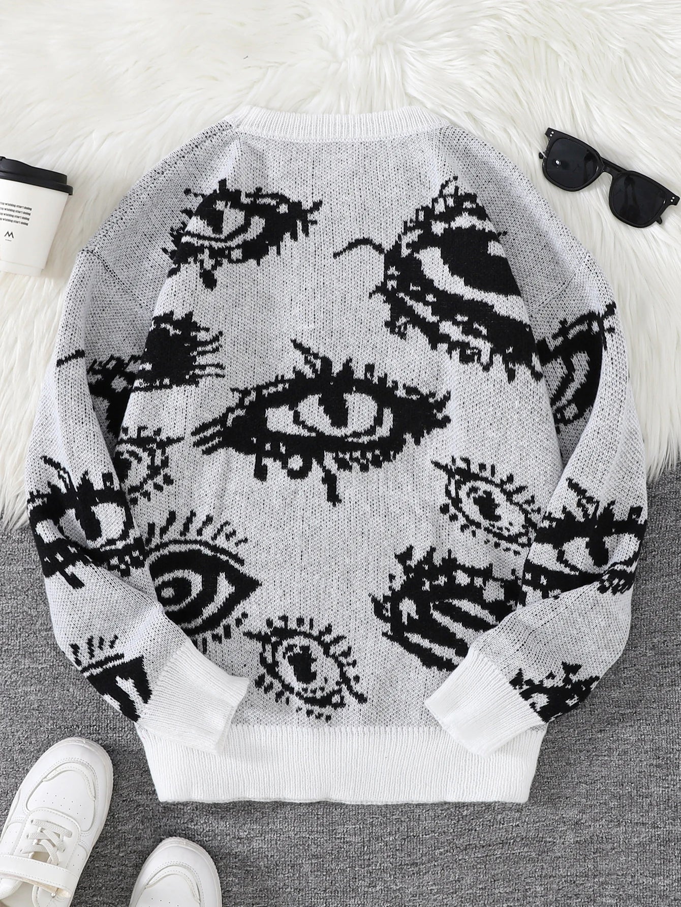 New Popular Abstract Eye Jacquard Pattern Pullover Sweater