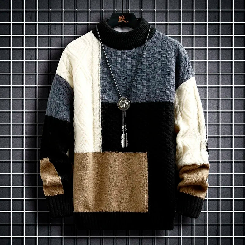 \Warm Knitted Sweaters Patchwork O Neck Knit Pullovers