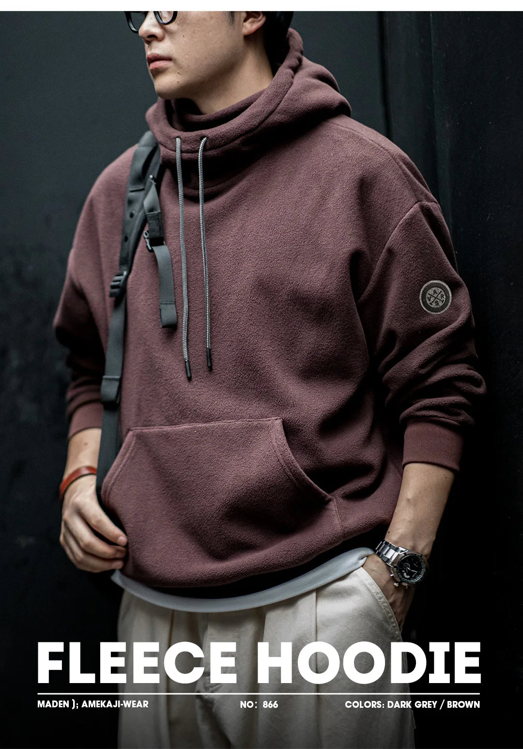 Maden Casual Polar Fleece Hooded Sweatshirt Solid Color Pullover with Face Mask