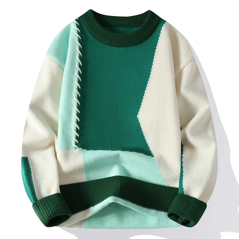 \Warm Knitted Sweaters Patchwork O Neck Knit Pullovers