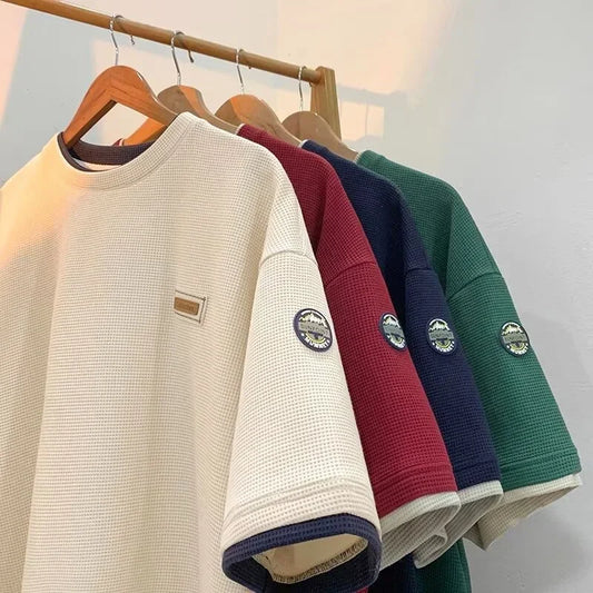 Waffle Vintage Appliques Loose T-Shirt