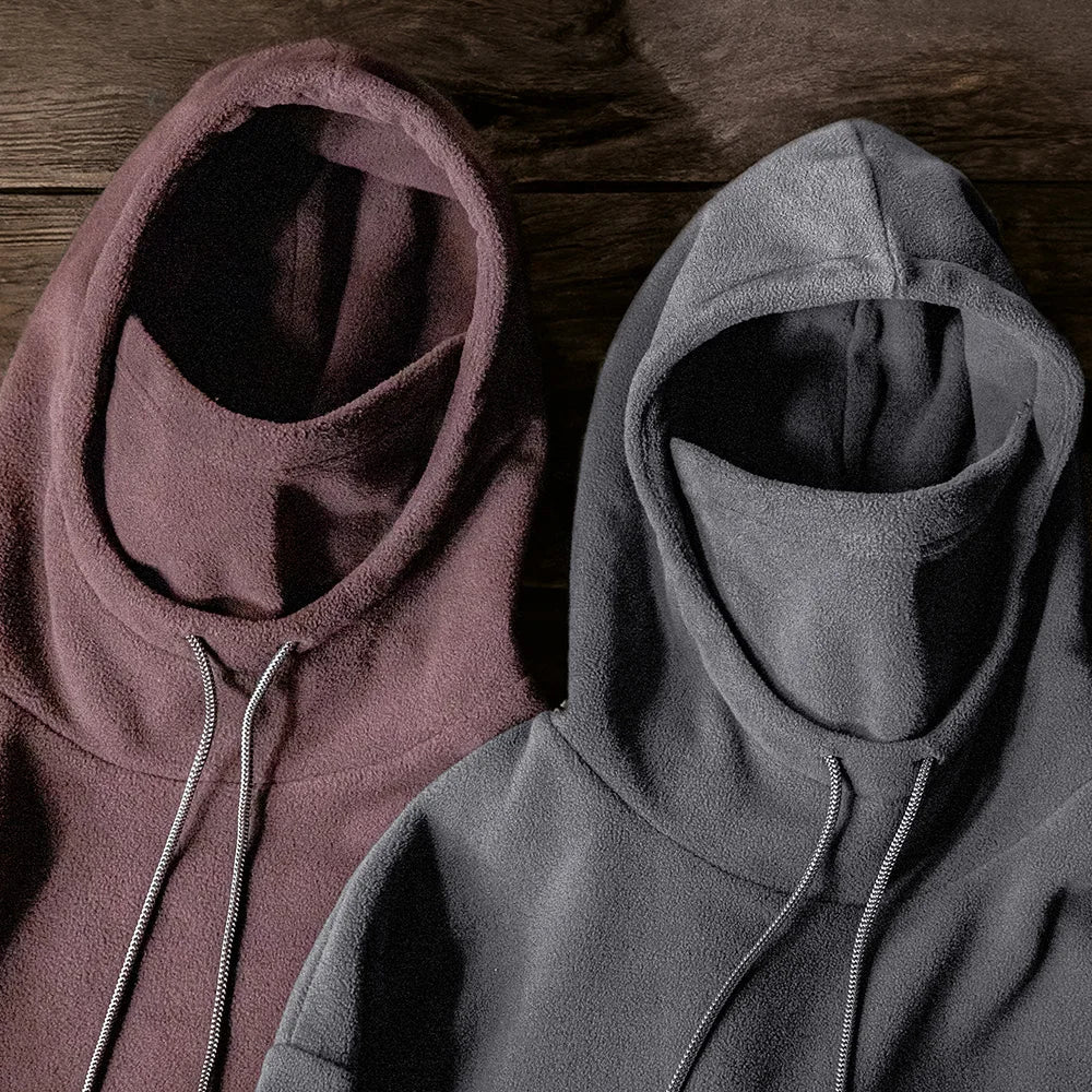 Maden Casual Polar Fleece Hooded Sweatshirt Solid Color Pullover with Face Mask