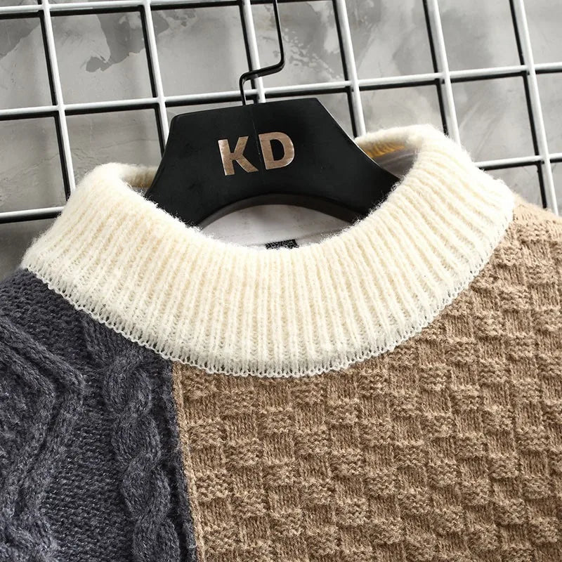 \Warm Knitted Sweaters Patchwork O Neck Knit Pullovers