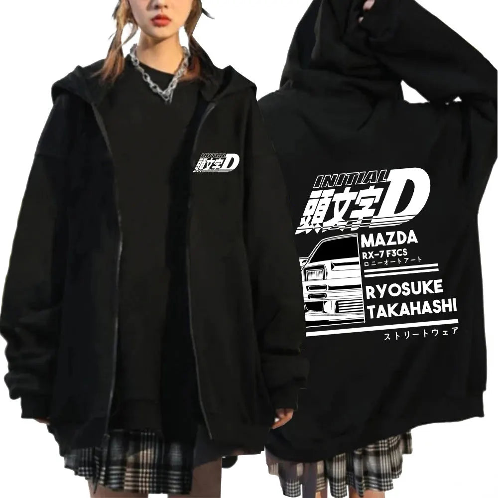 Initial D Zipper Hoodie Casual Vintage Loose