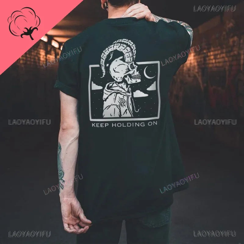 Cool Biker Drinking Beer Skull Graphic Cotton Tshirts