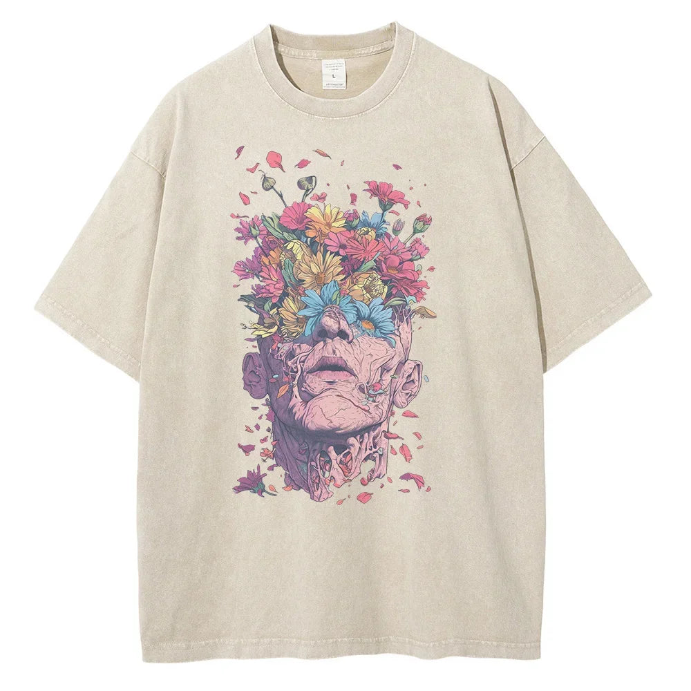 Heavyweight Cotton T Shirts Flowers Emerging Out of Human Eyes and Heads Graphic T-shirts