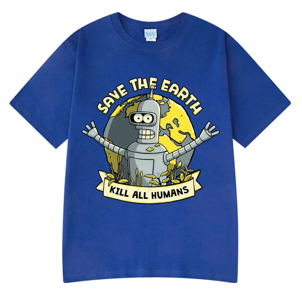 Save The Earth Kill All Humans Funny Robot Oversized Cotton T Shirt