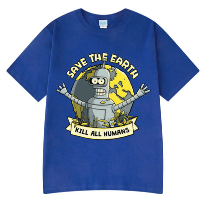 Save The Earth Kill All Humans Funny Robot Oversized Cotton T Shirt