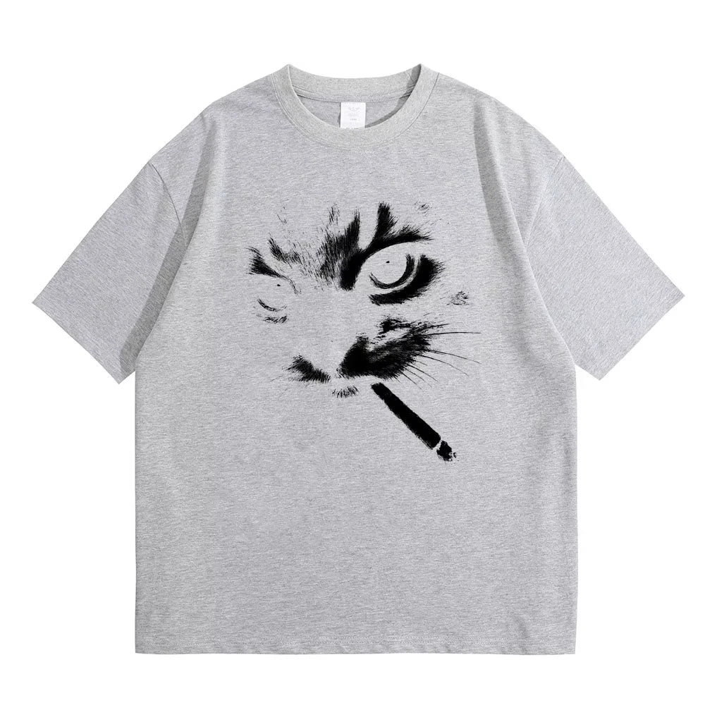 Smoking Cat Face Graphic Oversized T-shirts