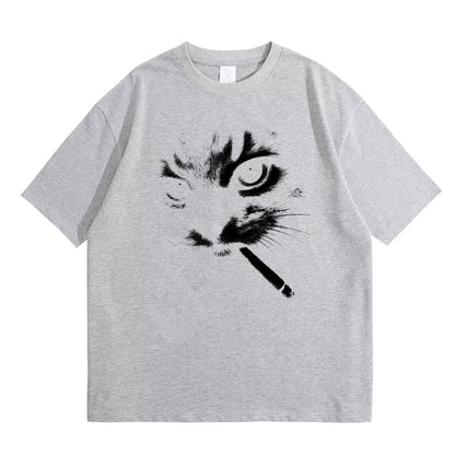 Smoking Cat Face Graphic Oversized T-shirts