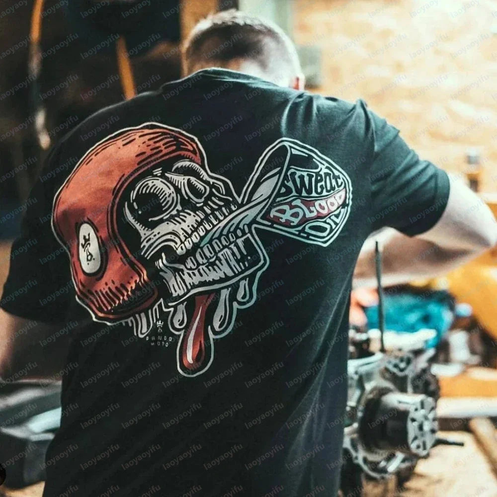 Cool Biker Drinking Beer Skull Graphic Cotton Tshirts