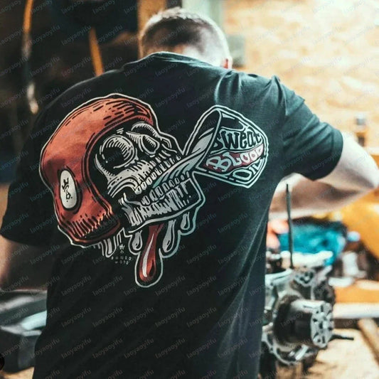 Cool Biker Drinking Beer Skull Graphic Cotton Tshirts