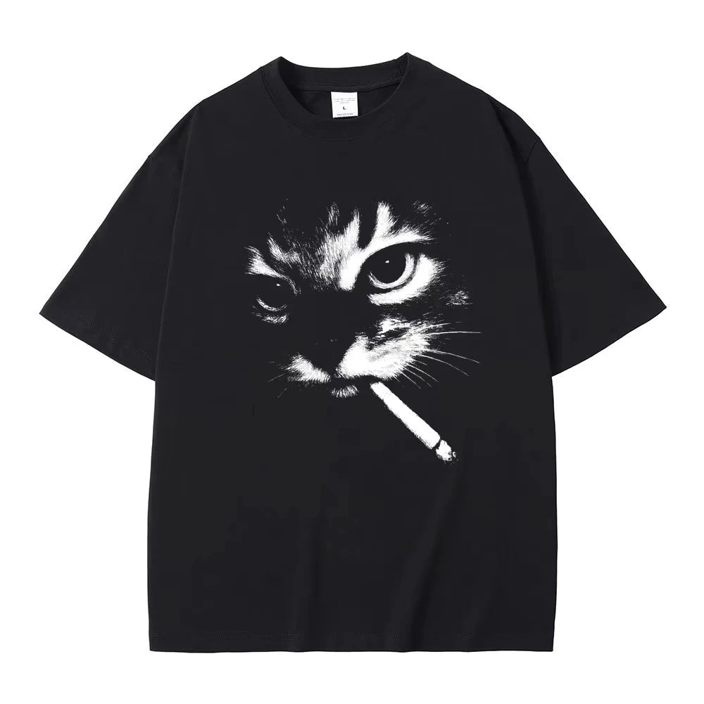 Smoking Cat Face Graphic Oversized T-shirts