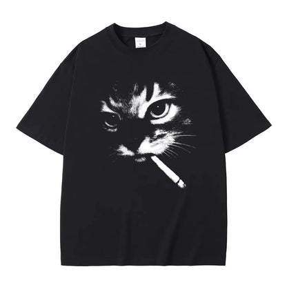 Smoking Cat Face Graphic Oversized T-shirts