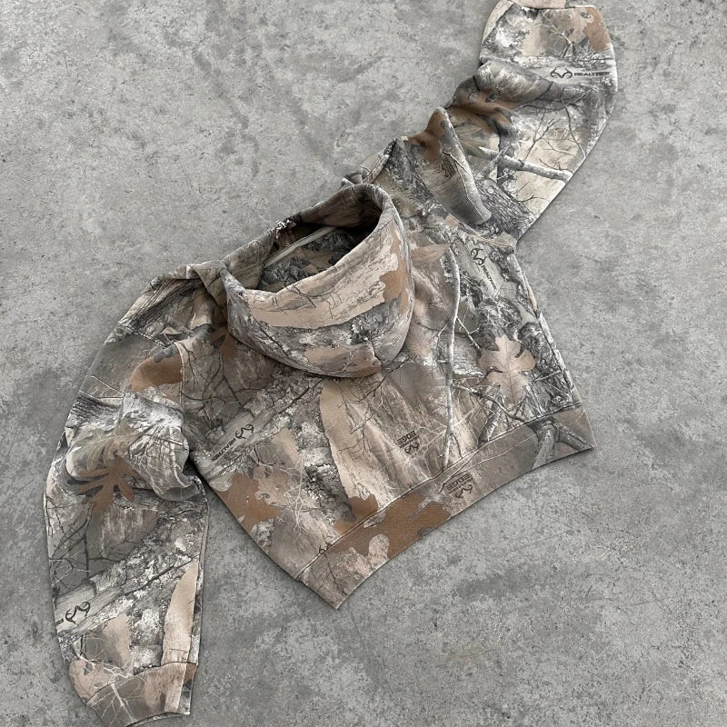 Y2K Retro Zip Up Hoodie Camouflage Pattern Zipper Sweatshirt