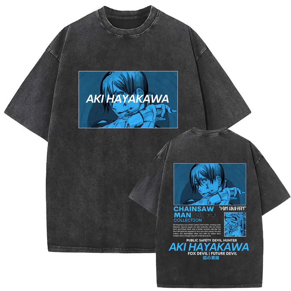 Anime Chainsaw Retro T-shirt Cartoon Denji Pochita Graphic Oversized