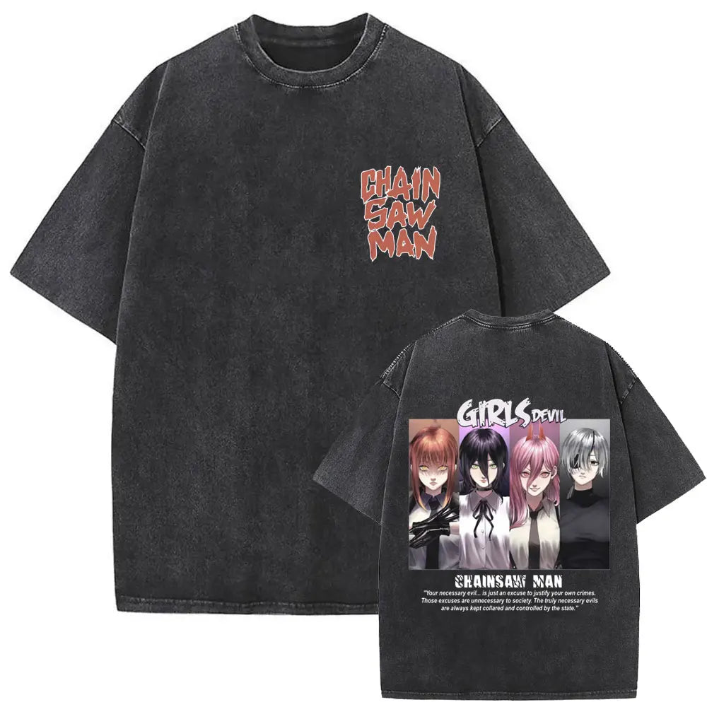 Anime Chainsaw Retro T-shirt Cartoon Denji Pochita Graphic Oversized