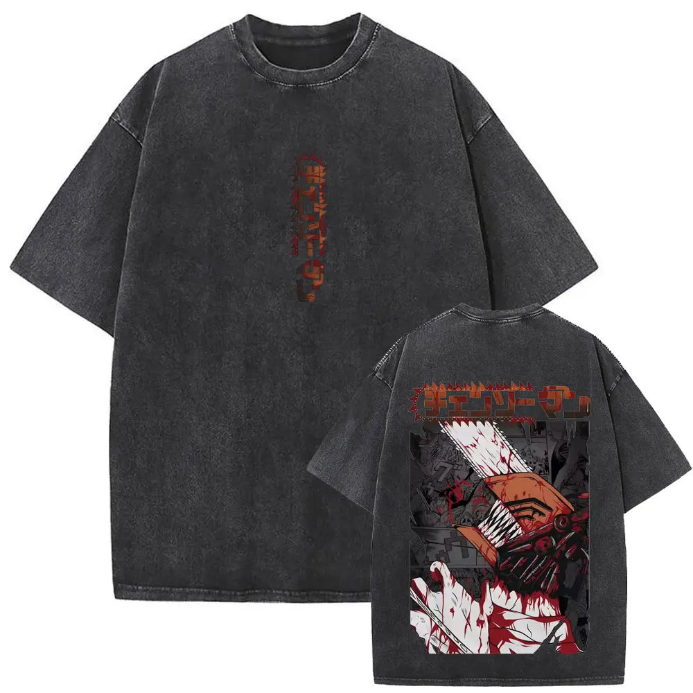 Anime Chainsaw Retro T-shirt Cartoon Denji Pochita Graphic Oversized