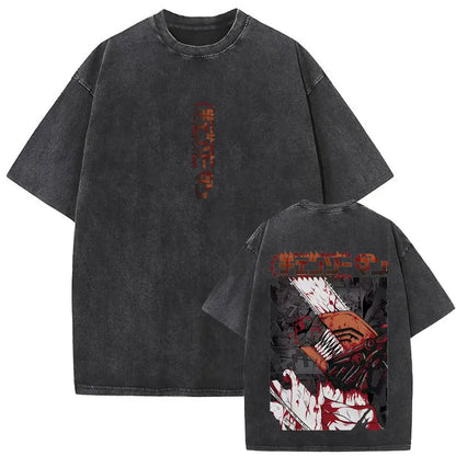Anime Chainsaw Retro T-shirt Cartoon Denji Pochita Graphic Oversized