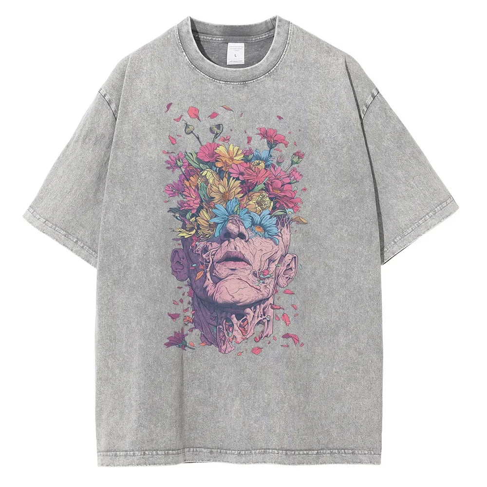 Heavyweight Cotton T Shirts Flowers Emerging Out of Human Eyes and Heads Graphic T-shirts