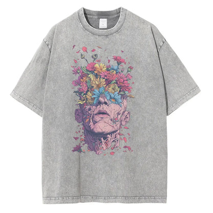 Heavyweight Cotton T Shirts Flowers Emerging Out of Human Eyes and Heads Graphic T-shirts