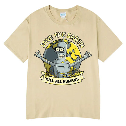 Save The Earth Kill All Humans Funny Robot Oversized Cotton T Shirt