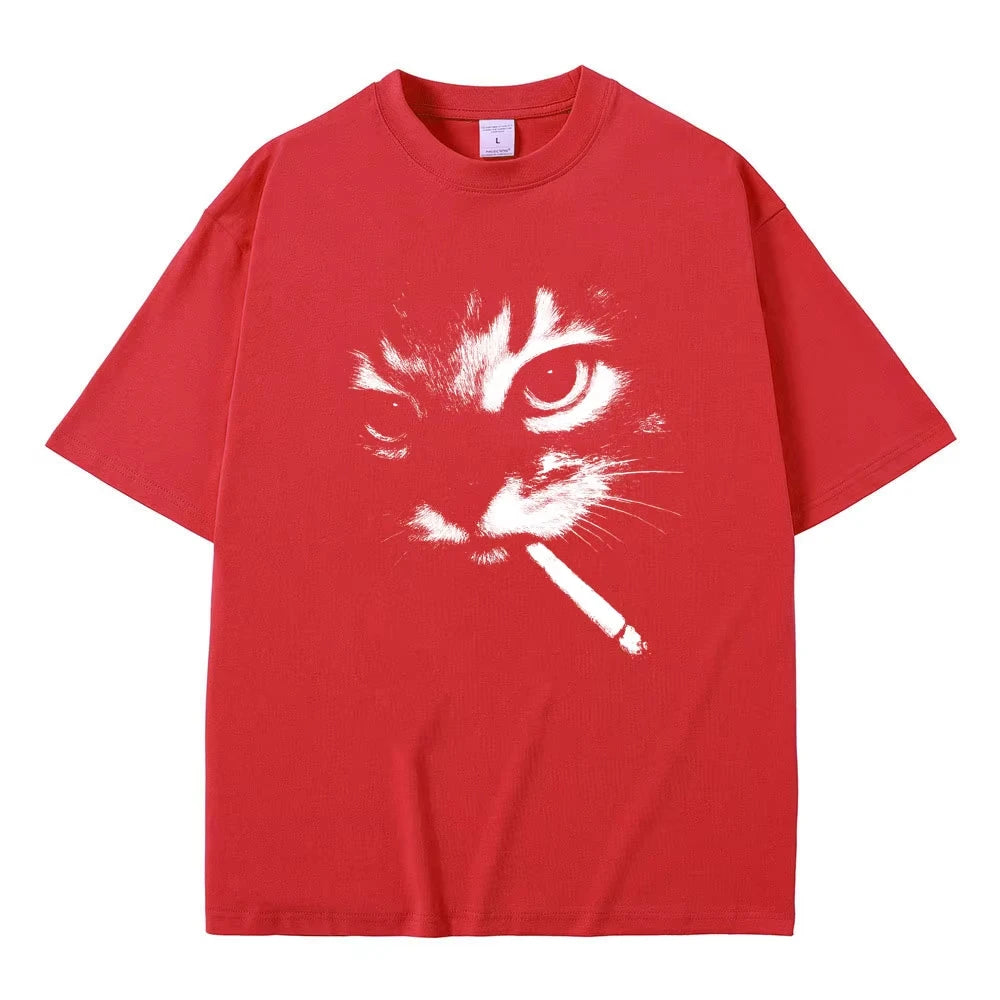Smoking Cat Face Graphic Oversized T-shirts