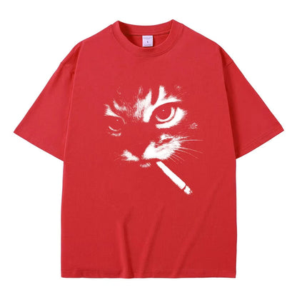 Smoking Cat Face Graphic Oversized T-shirts