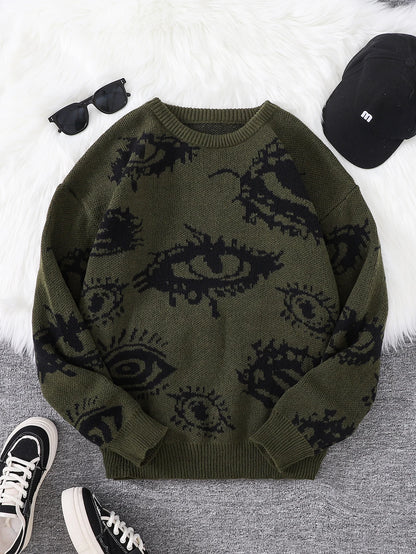 New Popular Abstract Eye Jacquard Pattern Pullover Sweater