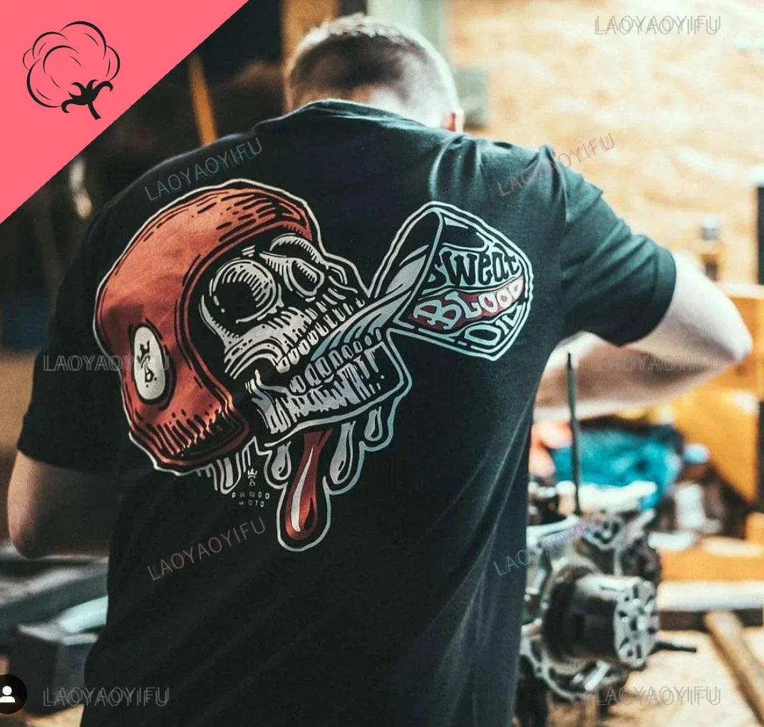 Cool Biker Drinking Beer Skull Graphic Cotton Tshirts