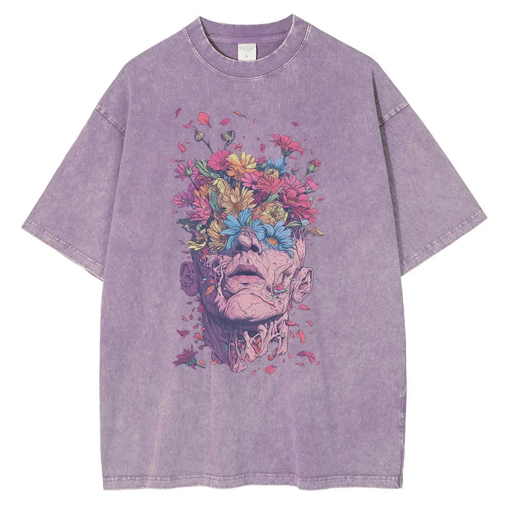 Heavyweight Cotton T Shirts Flowers Emerging Out of Human Eyes and Heads Graphic T-shirts