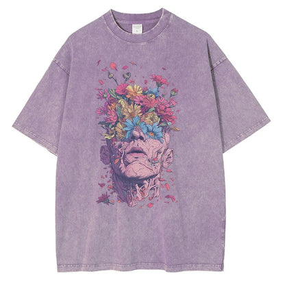 Heavyweight Cotton T Shirts Flowers Emerging Out of Human Eyes and Heads Graphic T-shirts