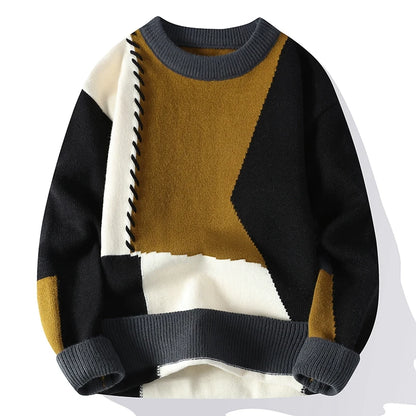 \Warm Knitted Sweaters Patchwork O Neck Knit Pullovers