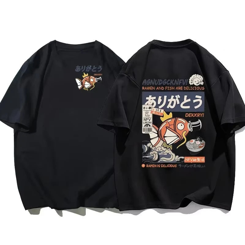 Japanese Streetwear Koi Fish Soy Sauce Print Casual T-shirt