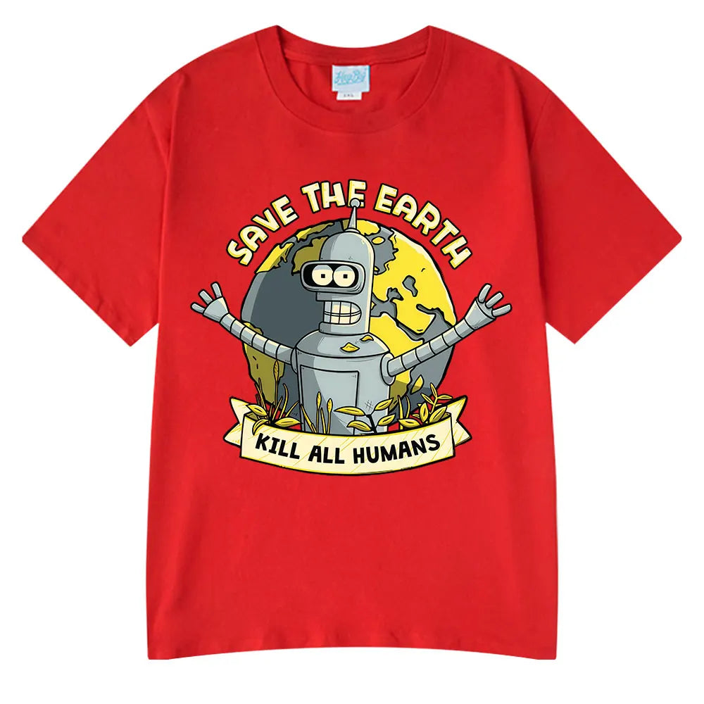 Save The Earth Kill All Humans Funny Robot Oversized Cotton T Shirt