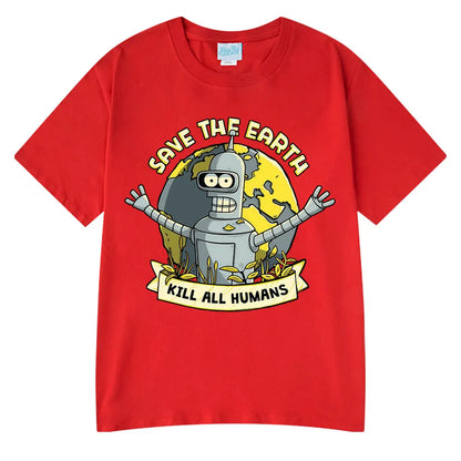 Save The Earth Kill All Humans Funny Robot Oversized Cotton T Shirt