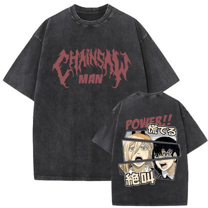 Anime Chainsaw Retro T-shirt Cartoon Denji Pochita Graphic Oversized