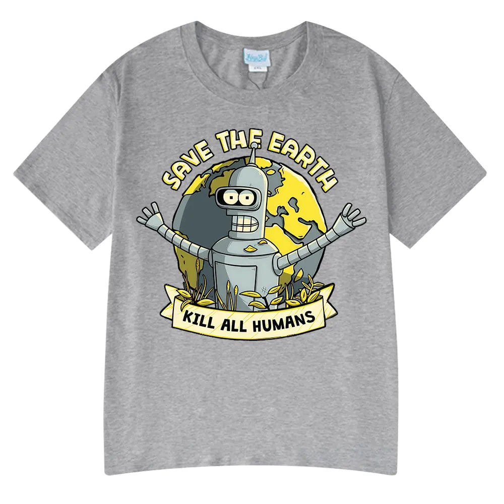 Save The Earth Kill All Humans Funny Robot Oversized Cotton T Shirt