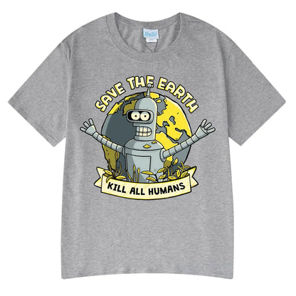 Save The Earth Kill All Humans Funny Robot Oversized Cotton T Shirt